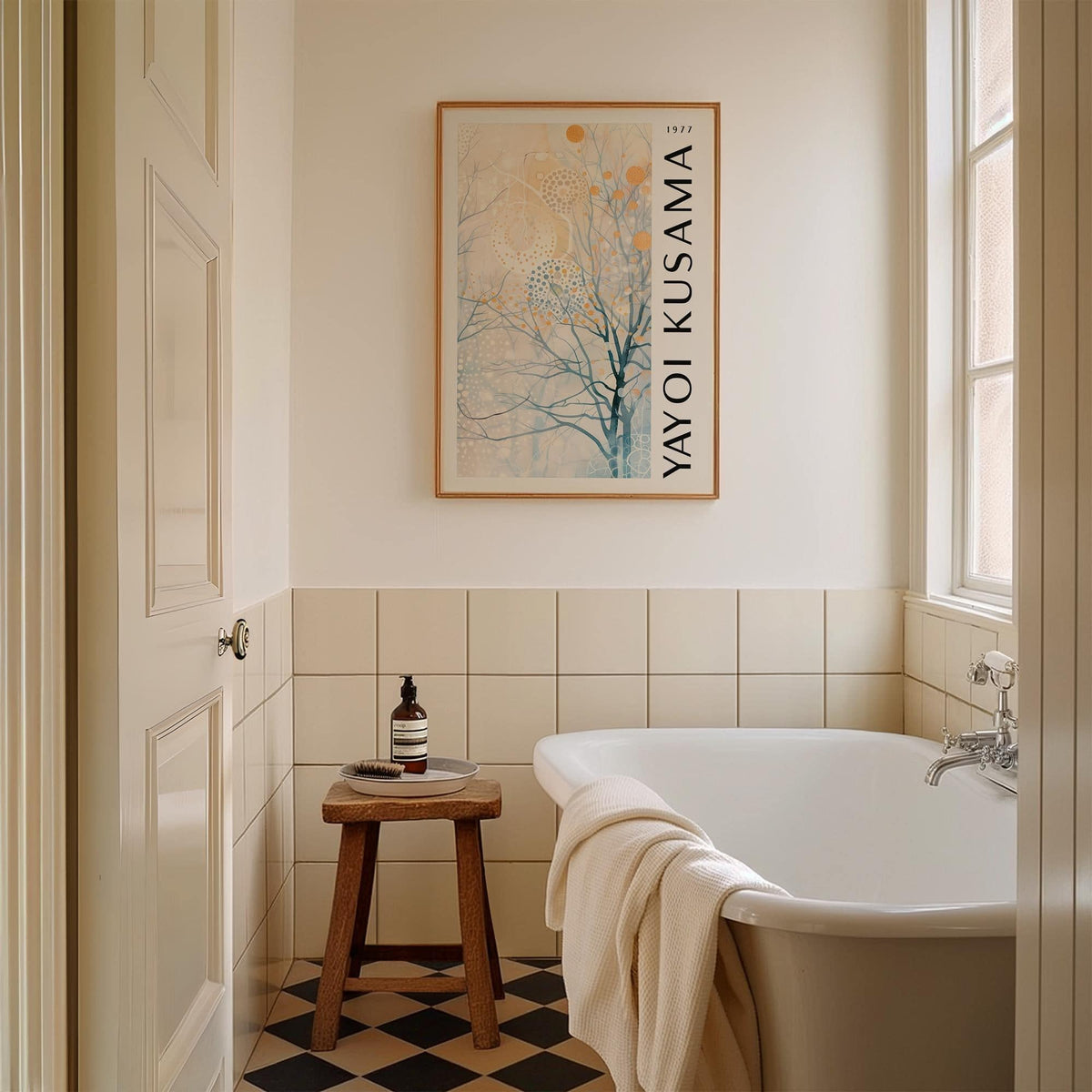 Sitting Room Art abstract tree with dots in soft blues and creams above a wooden stool in bathroom