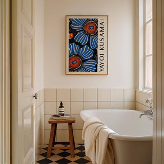 Blue Floral Home Decor print with blue poppy flowers hanging above a stool in a bathroom