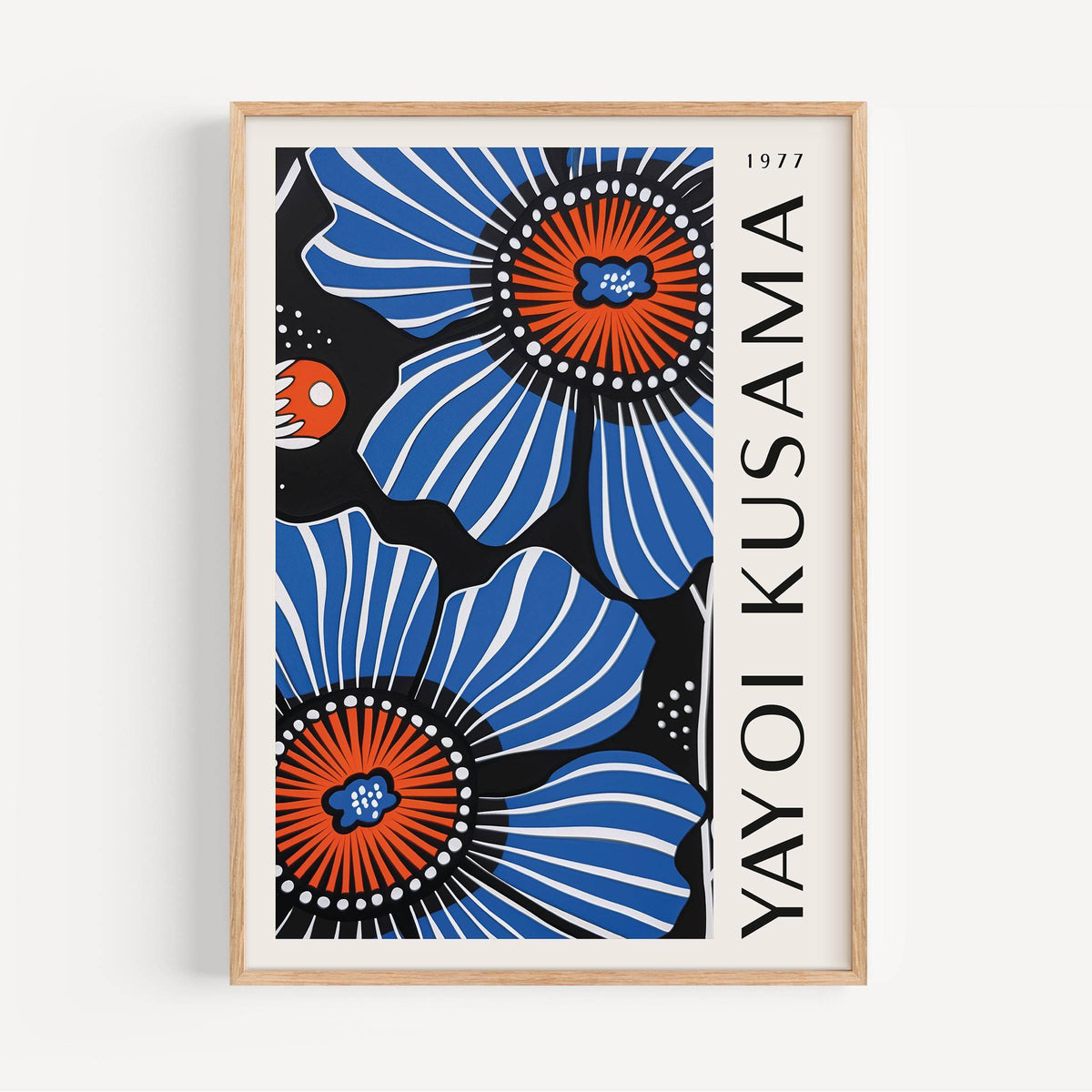 Framed Blue Floral Home Decor print of blue poppy flowers with orange centres and black background