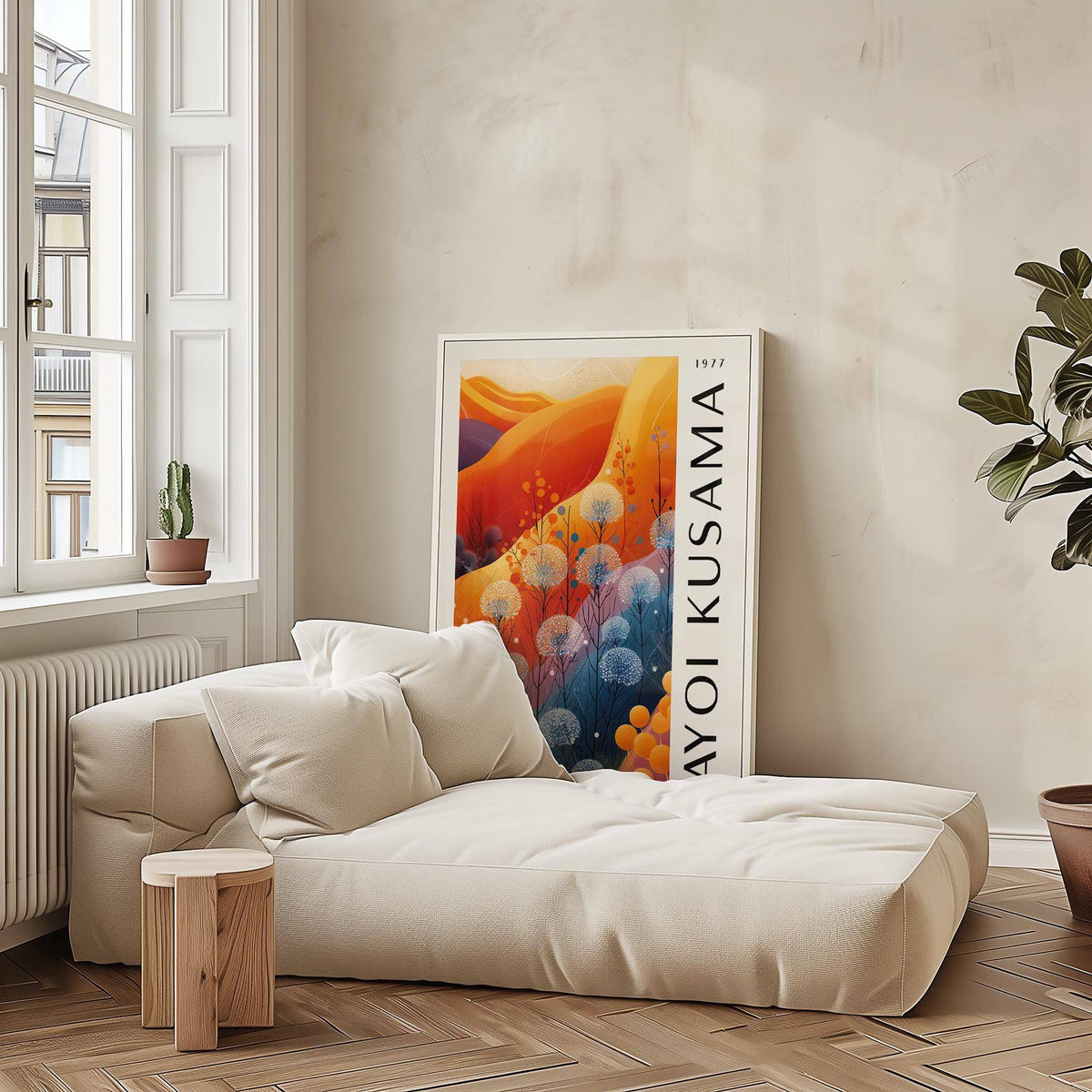 Blue Orange Wall Decor print leaning on wall by a cream sofa and wooden side table with a cactus