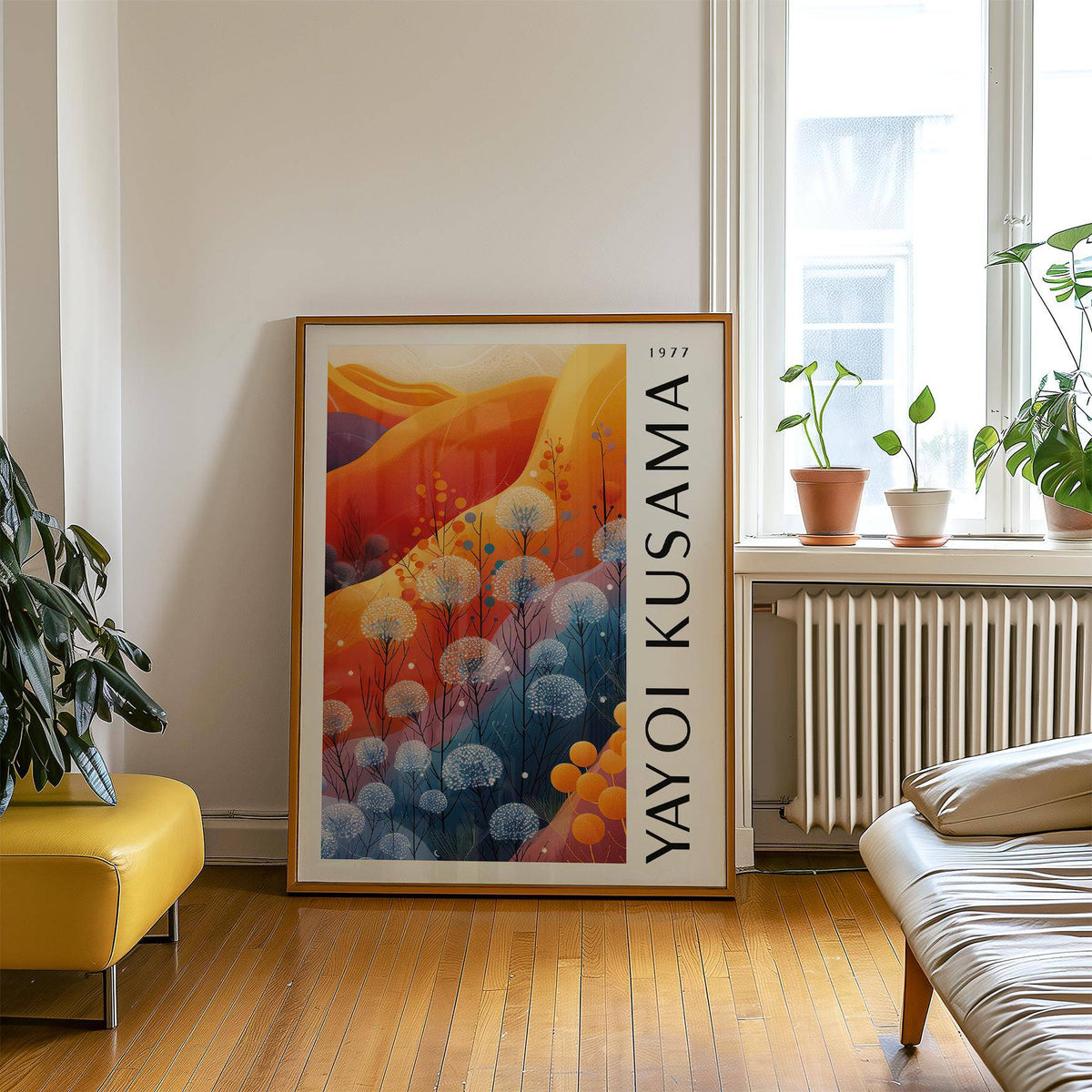 Blue Orange wall decor leaning on the floor beside plants in a bright living room