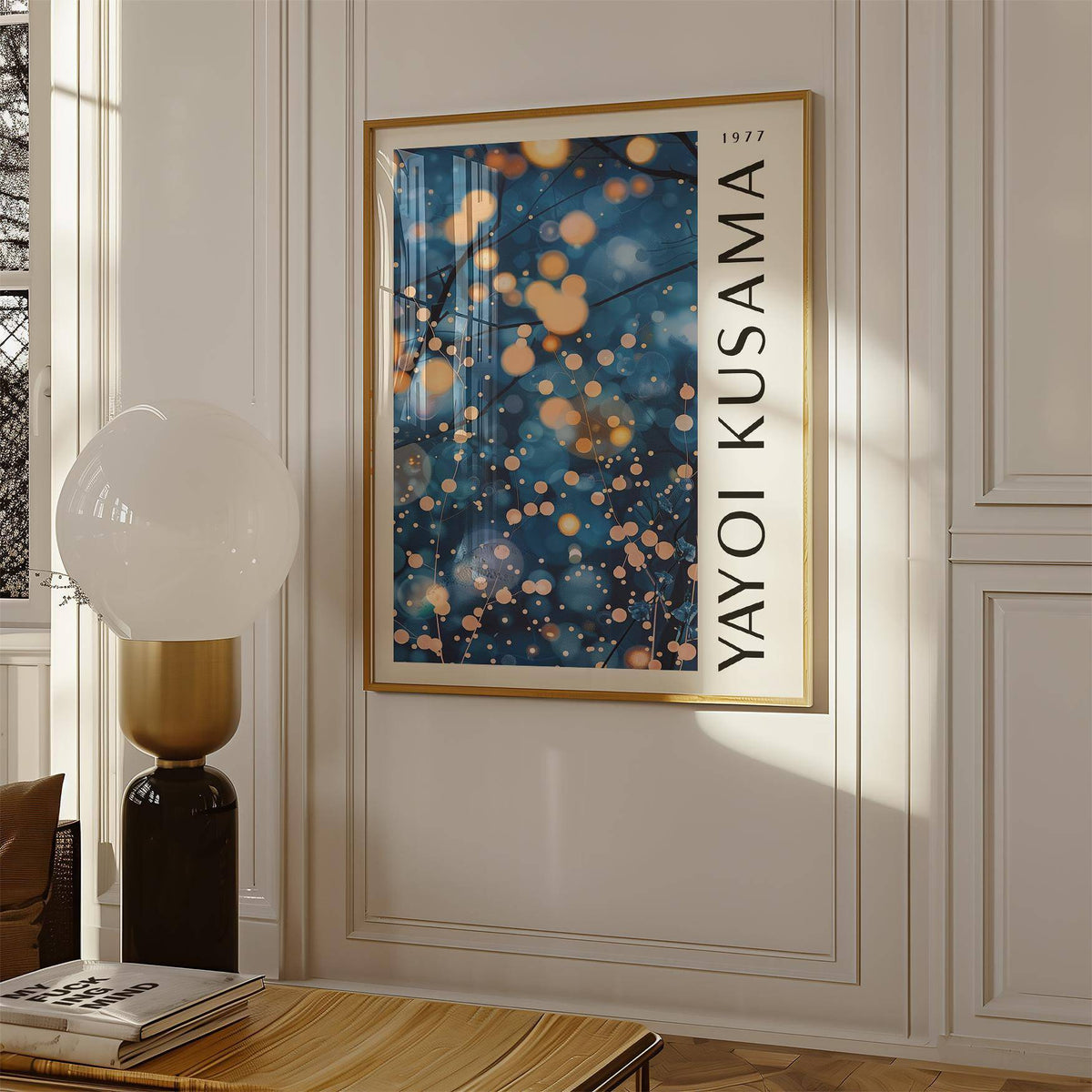 Navy Blue wall art with glowing lights on branches in a living room beside a white lamp