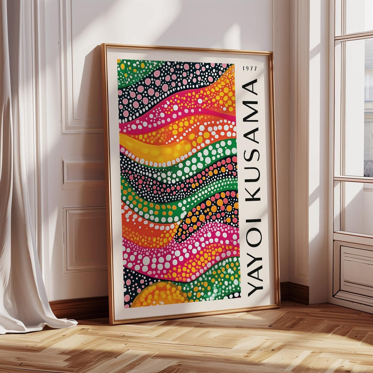Polka Dot Art print leaning on a wooden floor with natural light and curtain nearby