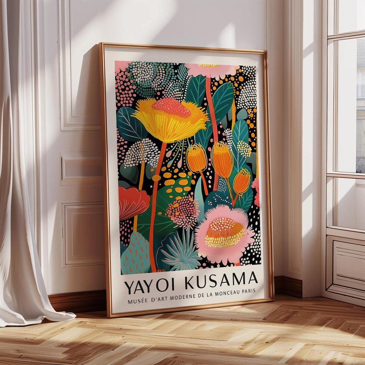 Large Wall Art Modern abstract floral composition with vibrant colours leaning on floor near window