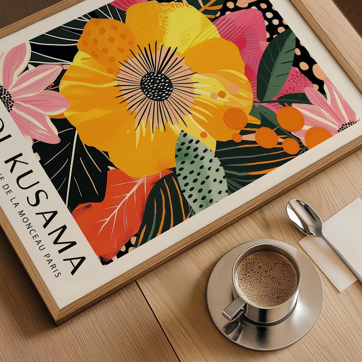 Floral wall prints close-up of yellow tropical flower with green and pink leaves on a wooden surface beside a cup of coffee
