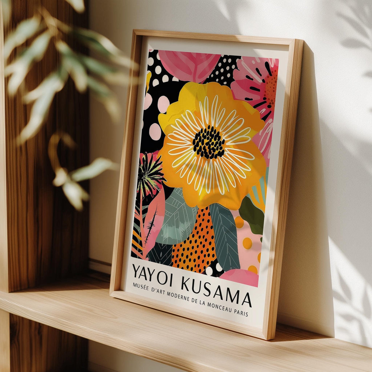 Abstract art of flowers print leaning with yellow and pink petals on a wooden shelf by sunlight