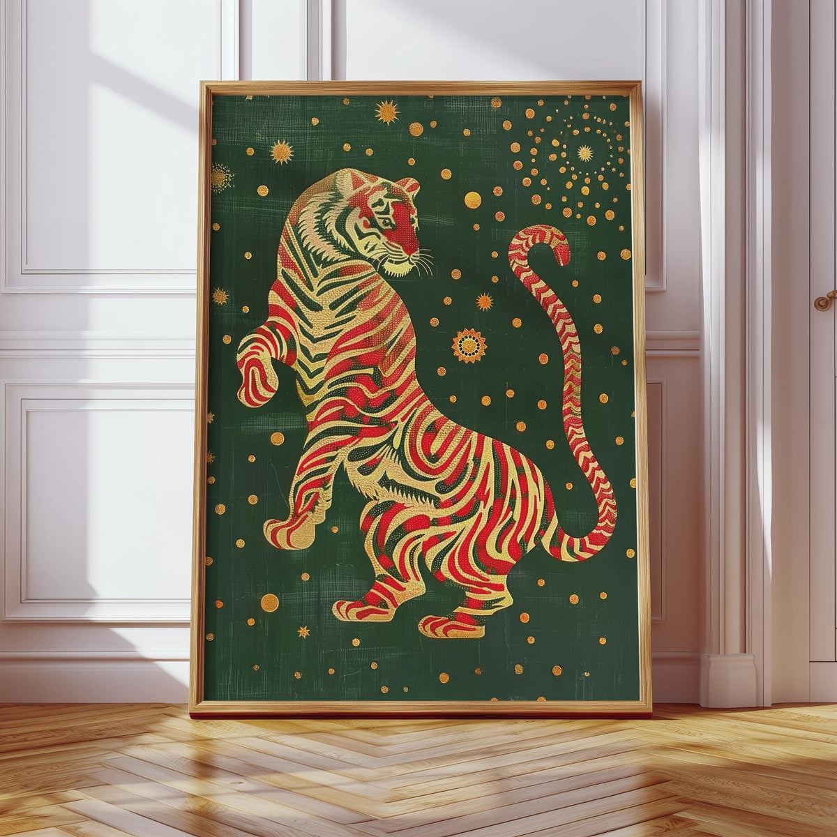 Japanese Art Wall print of a stylised tiger with red and gold stripes leaning on floor in a bright room