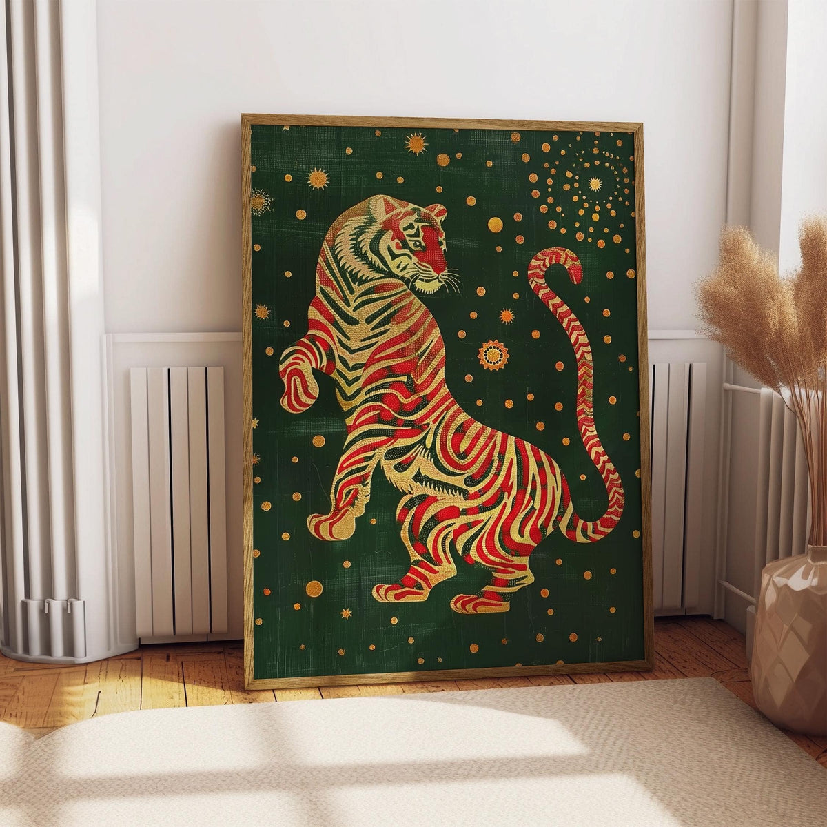 Japanese Art Wall leaning print of a stylized tiger in red and cream on a dark green background with golden dots in a bright room with