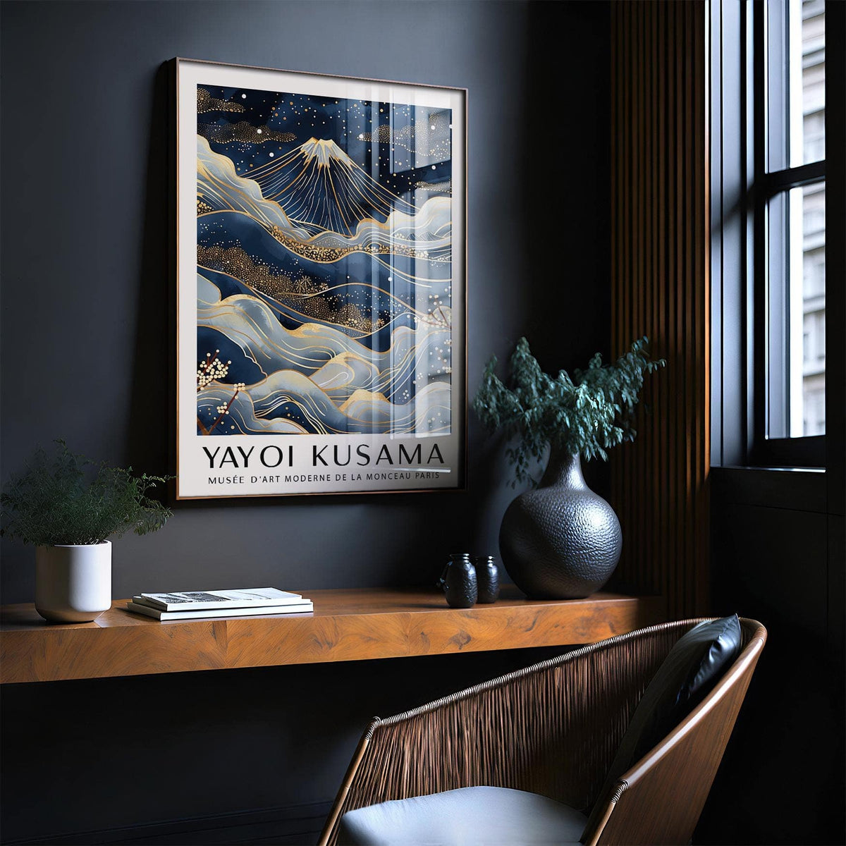 Posters from Japan framed print of Mount Fuji with golden accents above a wooden shelf in a modern room