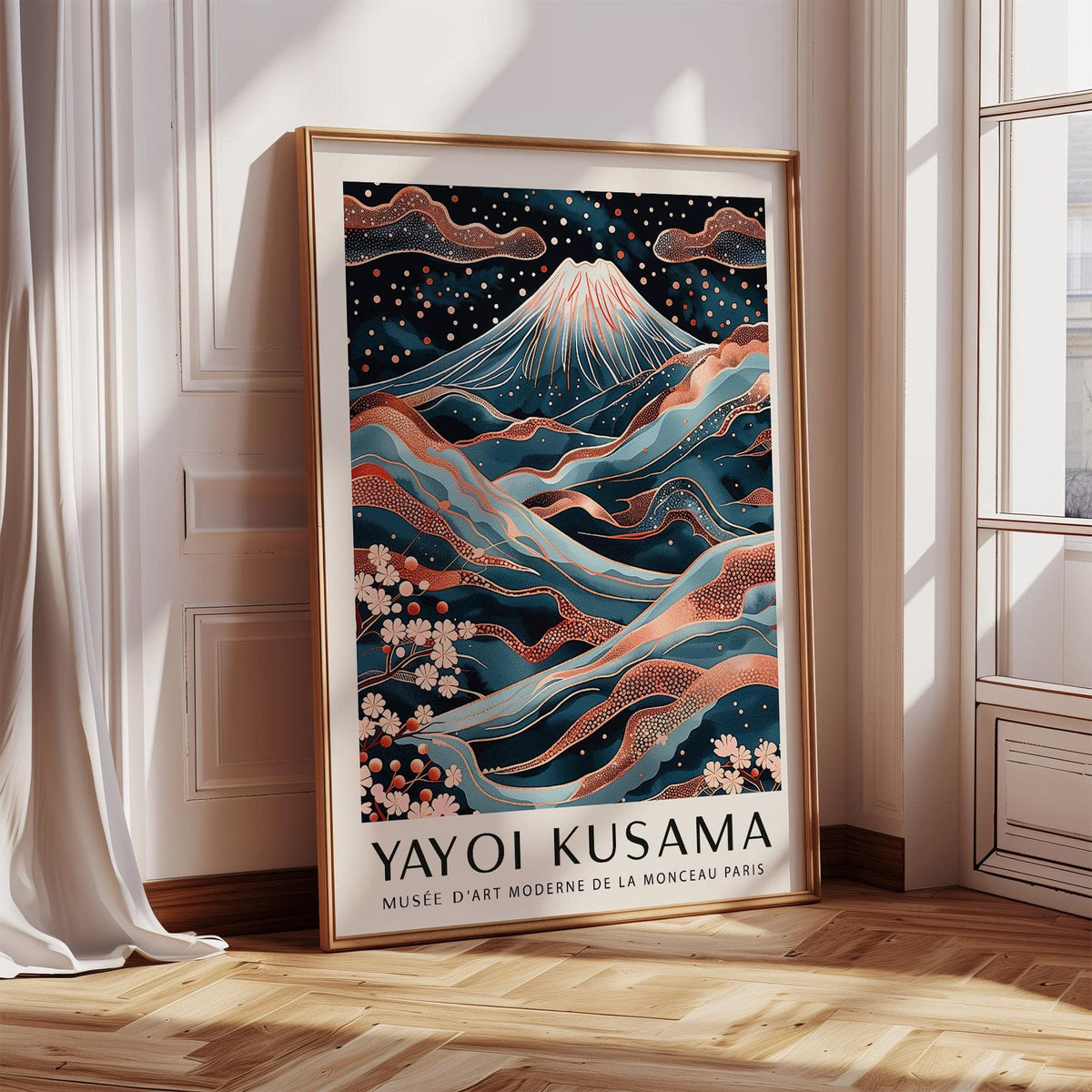 Print leaning on floor of Fuji mountain landscape in rose gold and teal by window with curtains