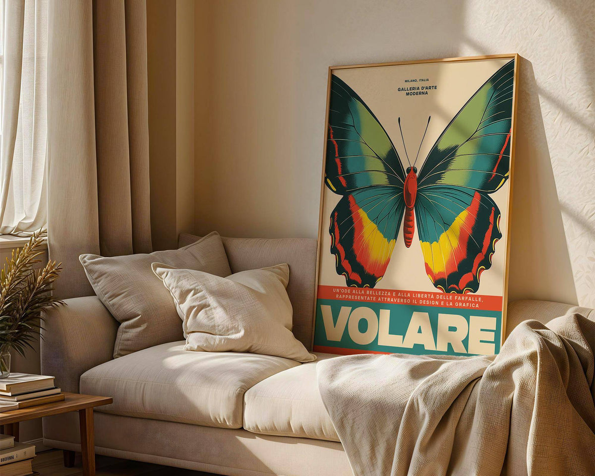 Large Butterfly Wall Art print leaning on a beige sofa with cushions in soft natural colours