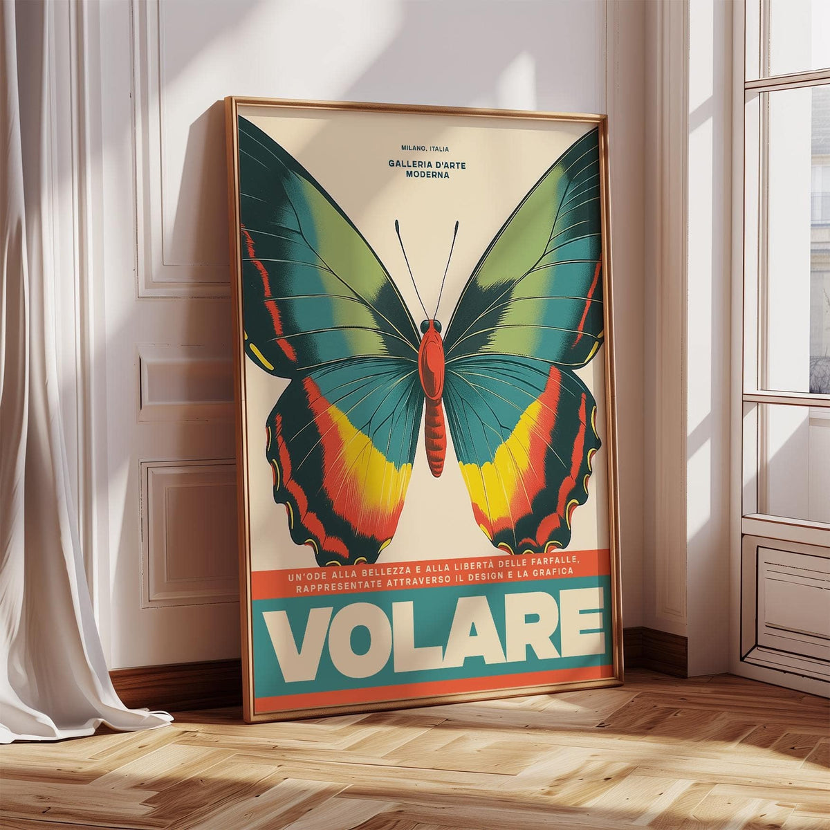 Large Butterfly Wall Art print leaning on floor with wooden frame and sunlight from window