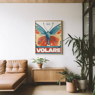 Butterfly wall art illustration with blue and orange butterfly wings above a wooden cabinet with plants