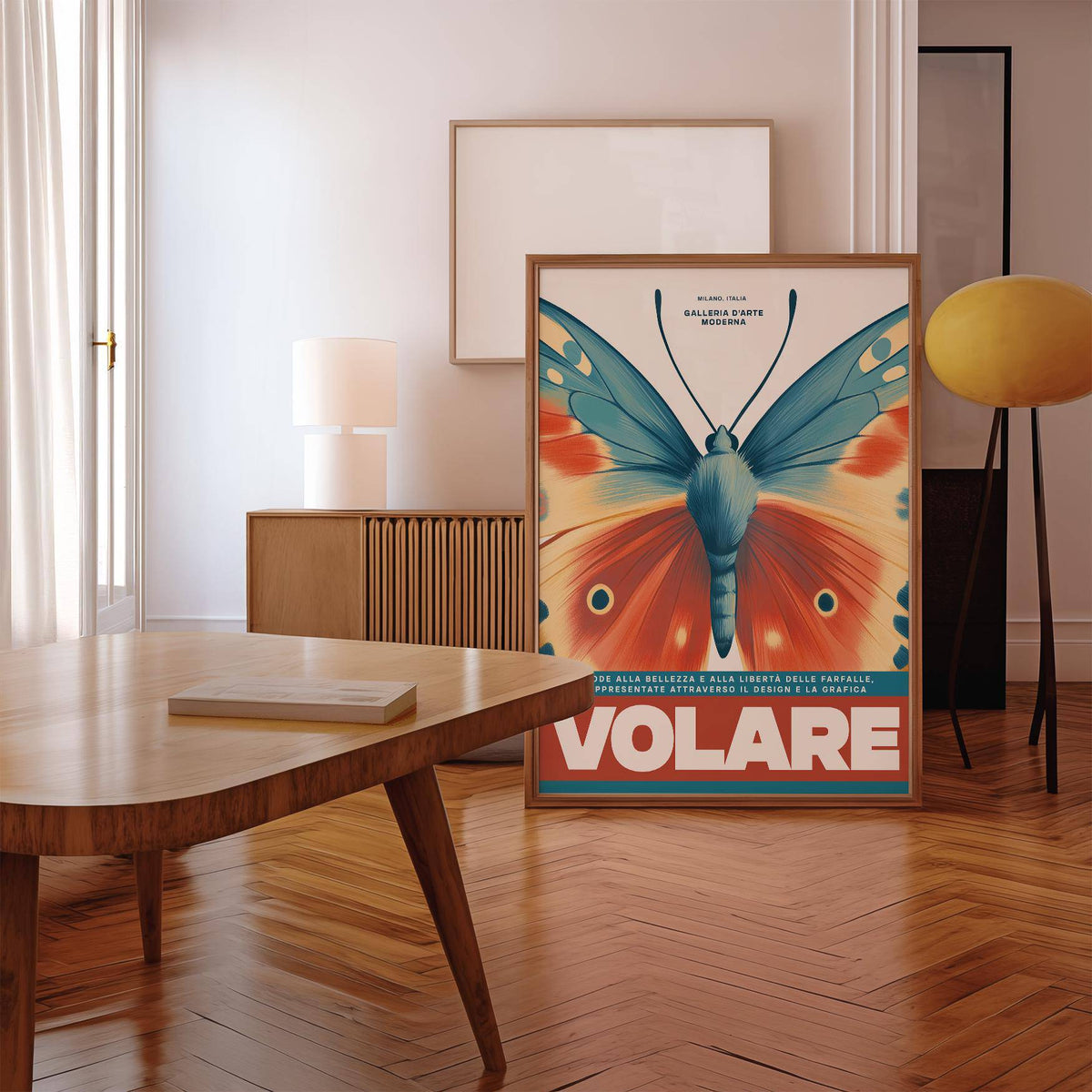 Butterfly wall art with blue and orange vintage butterfly wings print leaning on wooden floor near yellow lamp