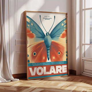 Butterfly wall art leaning with butterfly wings illustration in blue and orange natural light
