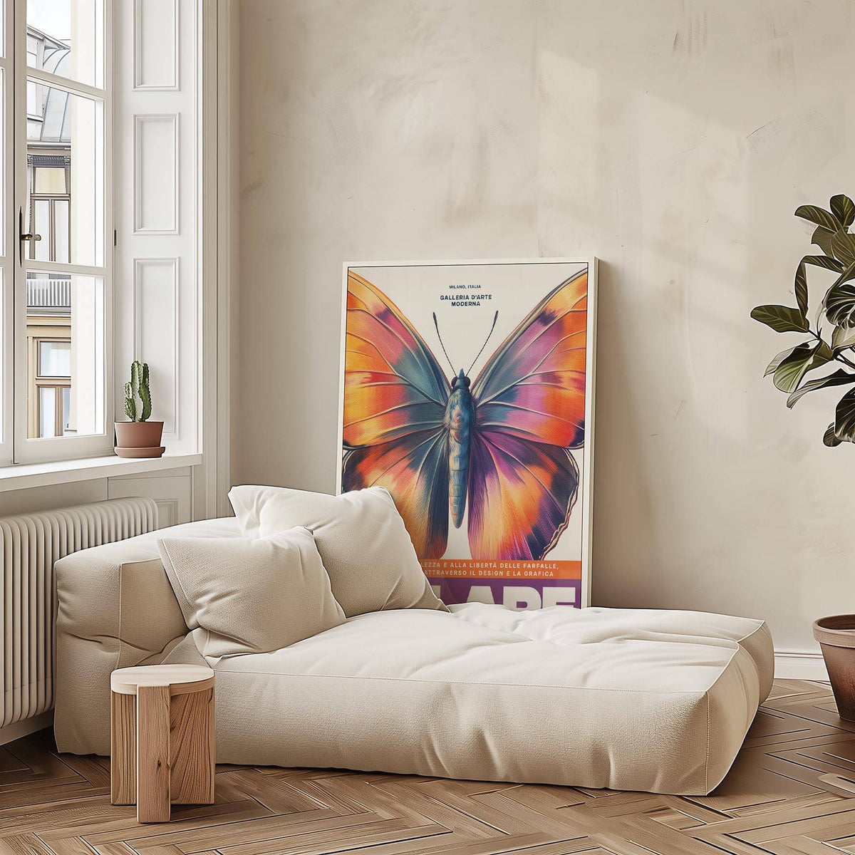 Large Butterfly Print leaning on floor near cream sofa and wooden side table in a soft toned room
