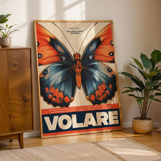 Italian Art Prints leaning print of a blue and orange butterfly beside a leafy plant in a wooden pot