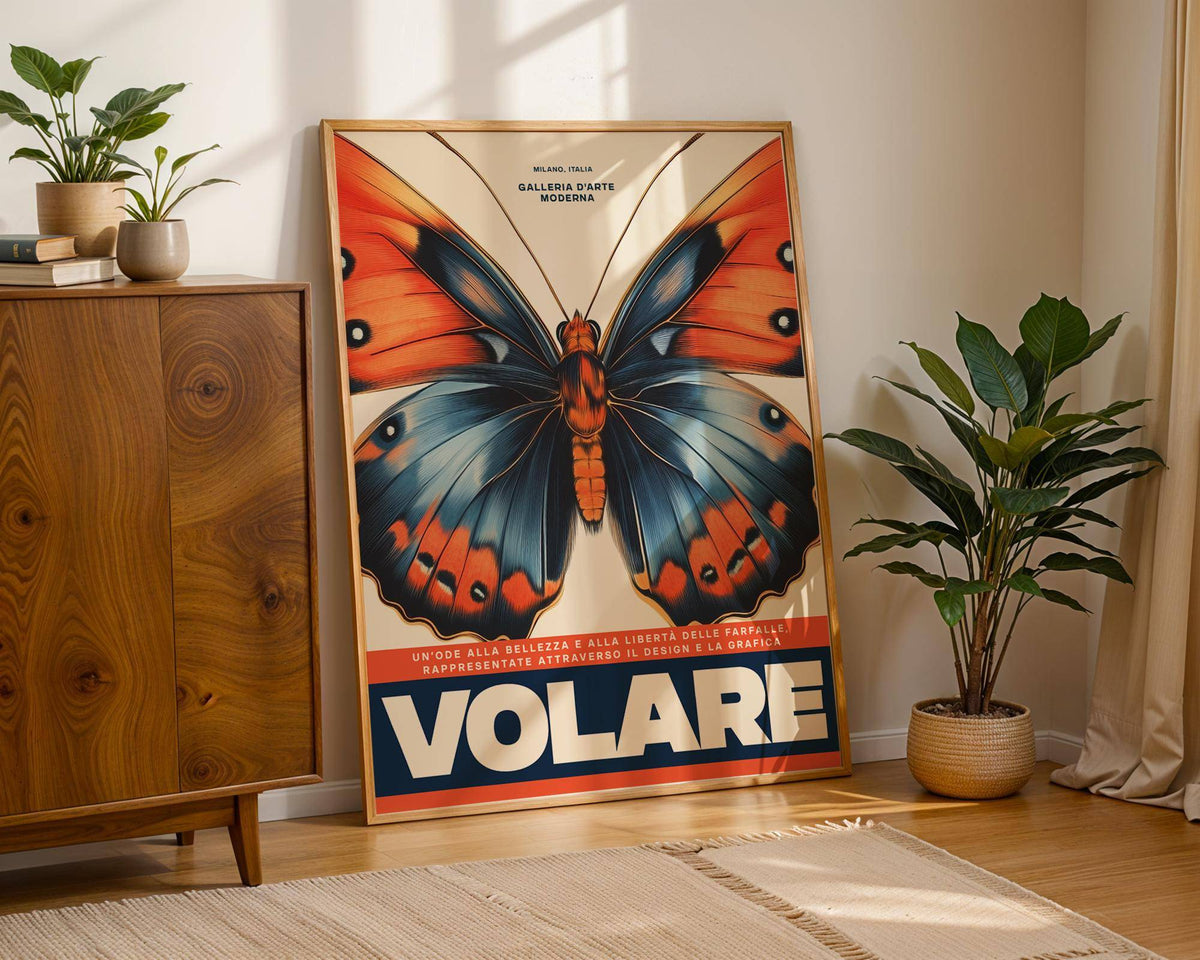 Italian Art Prints leaning print of a blue and orange butterfly beside a leafy plant in a wooden pot