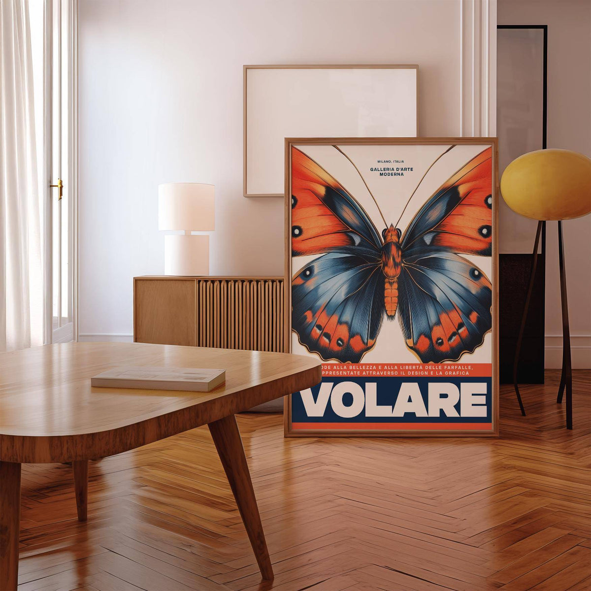 Italian art prints showing a blue and orange butterfly leaning on a wooden floor near a yellow chair and a lamp