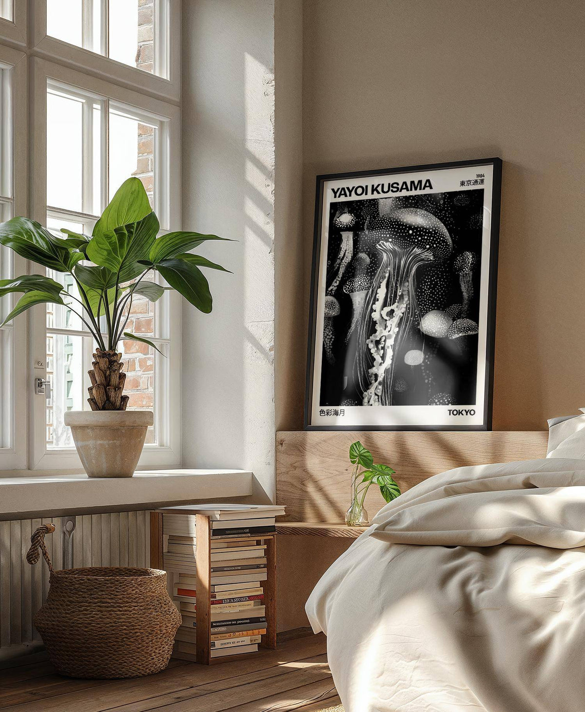 Jellyfish art print in black and white leaning on a wooden headboard near a bed with cream bedding