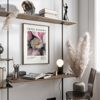 Pictures Living Room Wall pink and black abstract flower bloom print above desk with lamp and pampas grass