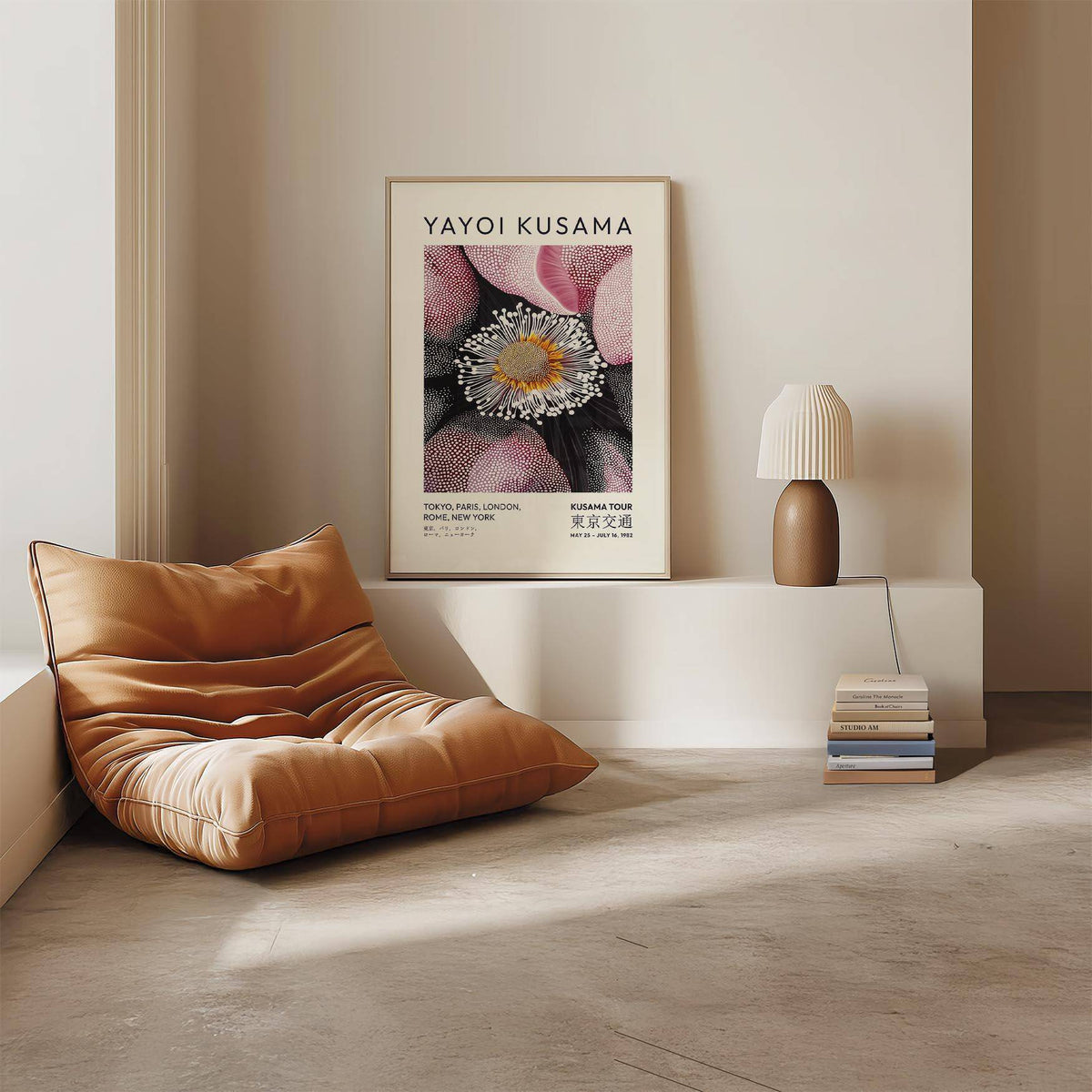Pictures Living Room Wall with abstract pink and black flower bloom print above a modern lamp and chair