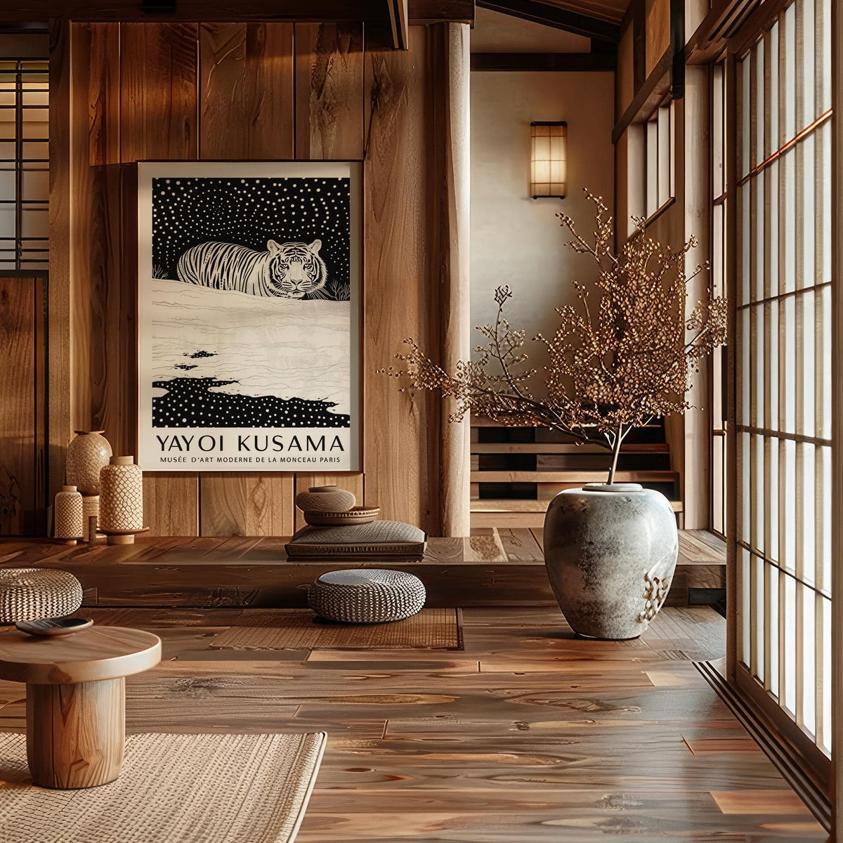Print on a wall of a white tiger in black and white in a wooden room with a large vase