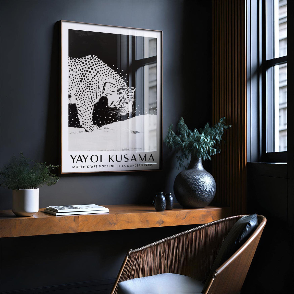 White Tiger wall art black and white minimalist illustration above a wooden shelf with vases