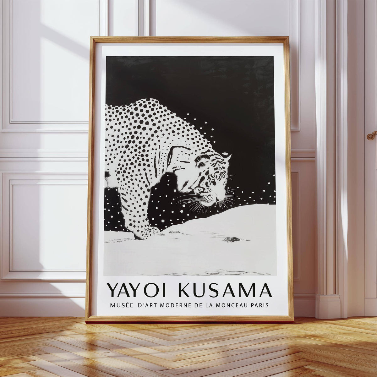 White Tiger wall art featuring minimalist black and white snow leopard illustration leaning against a wall