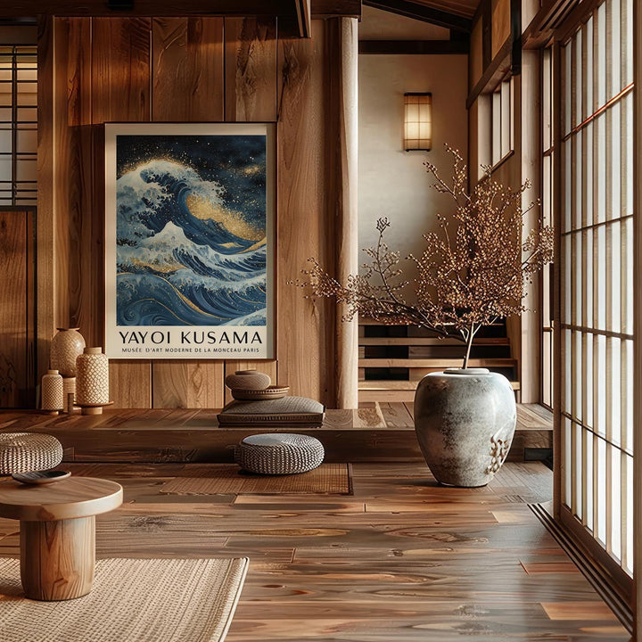 Blue gold wall decor of a stylised ocean wave with gold accents in a wooden Japanese style room