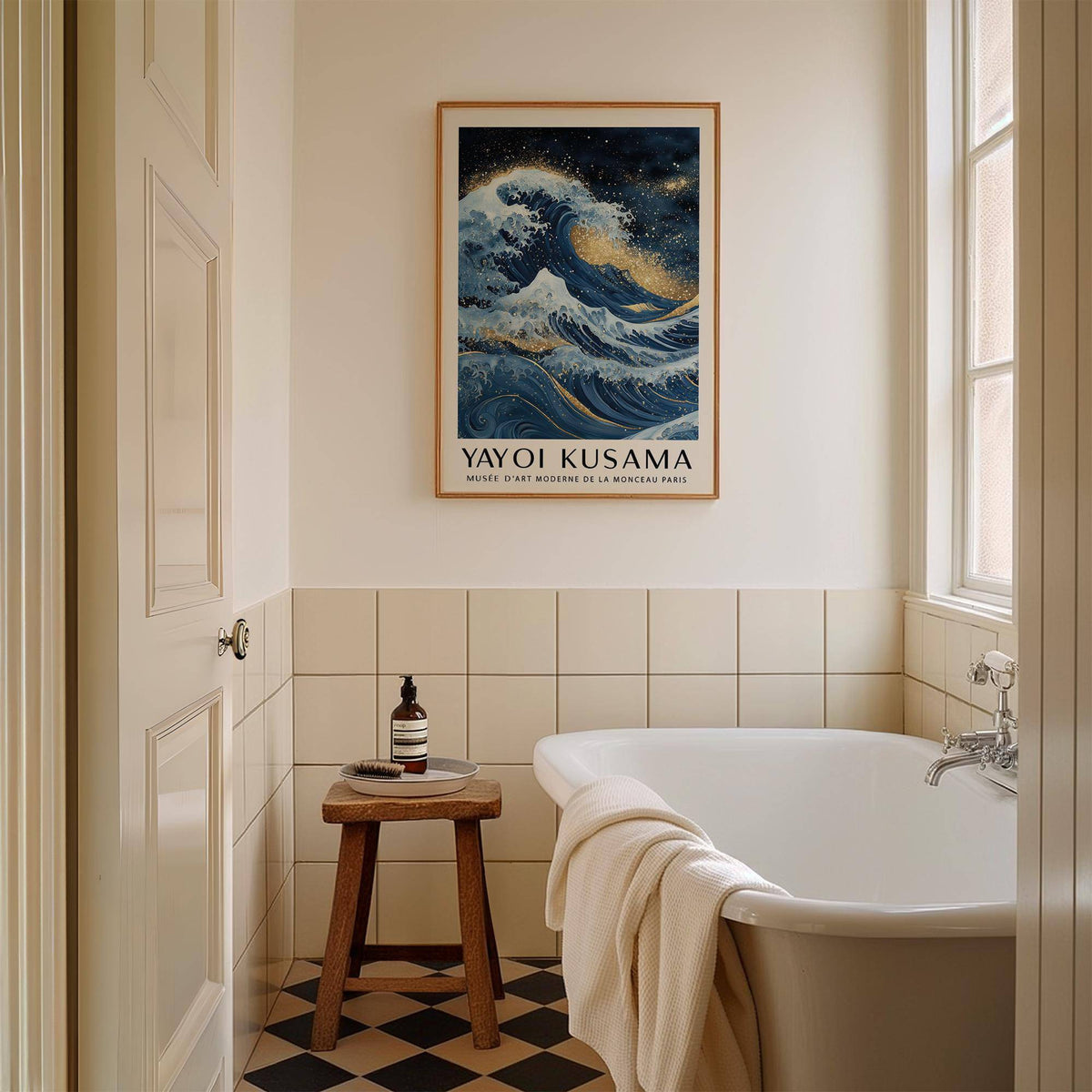 Blue Gold wall decor of a stylised ocean wave with gold highlights in a bathroom above a wooden stool