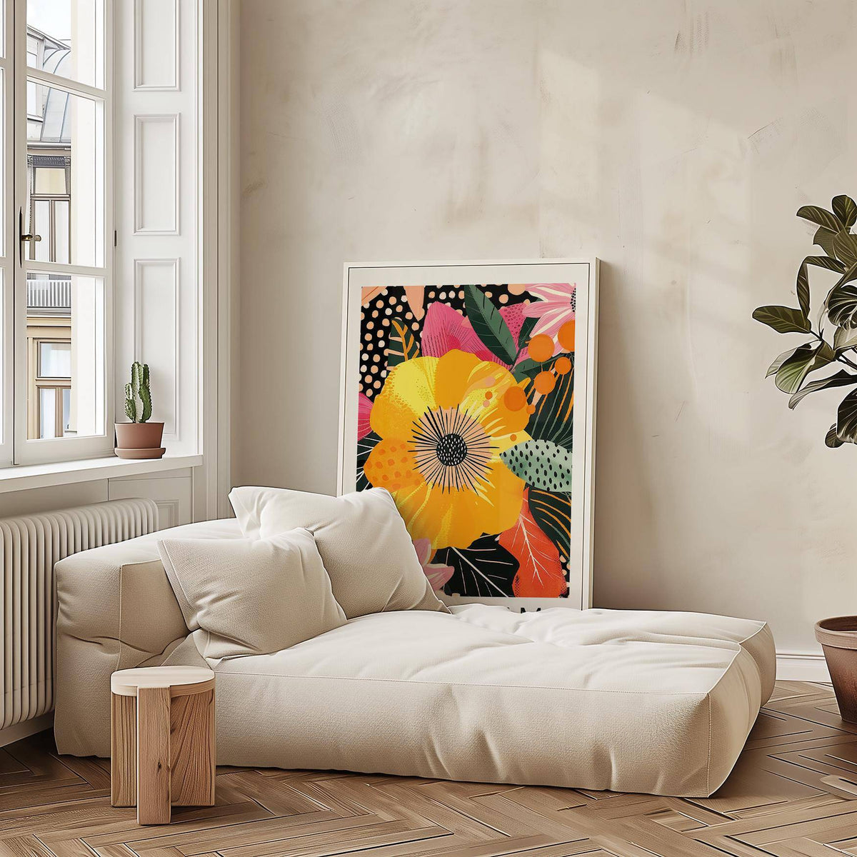Floral wall prints leaning on a sofa with a yellow tropical flower and colourful leaves plnater nearby