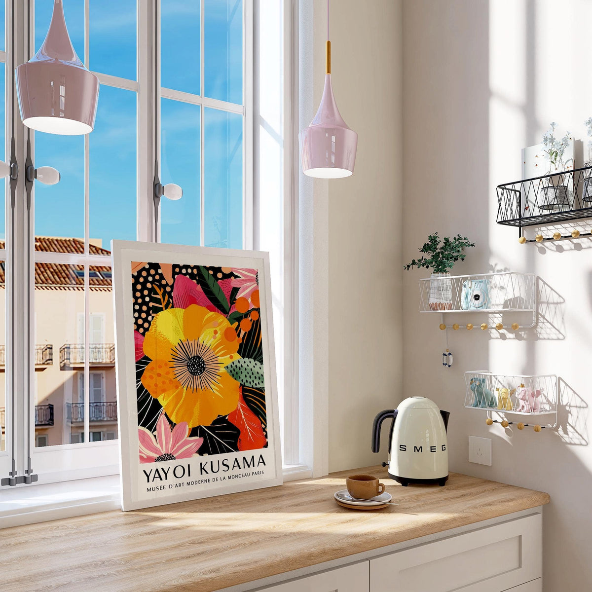 Floral wall prints with a yellow tropical flower leaning on a sunny kitchen windowsill