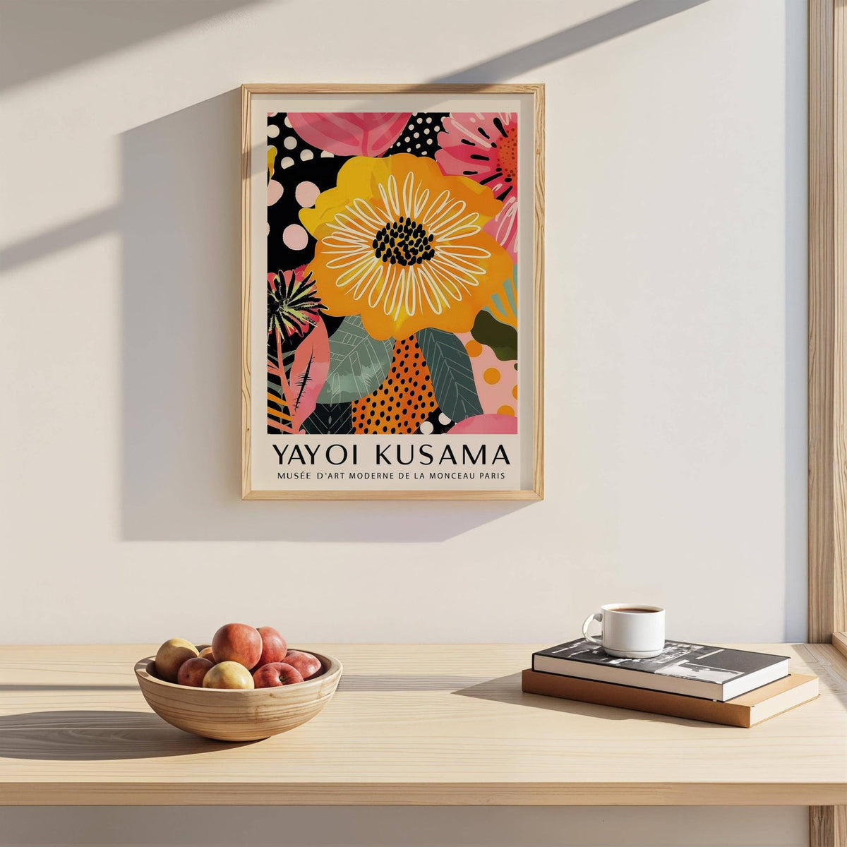 Abstract Art of Flowers print with a large yellow flower above a wooden table with fruit bowl and books
