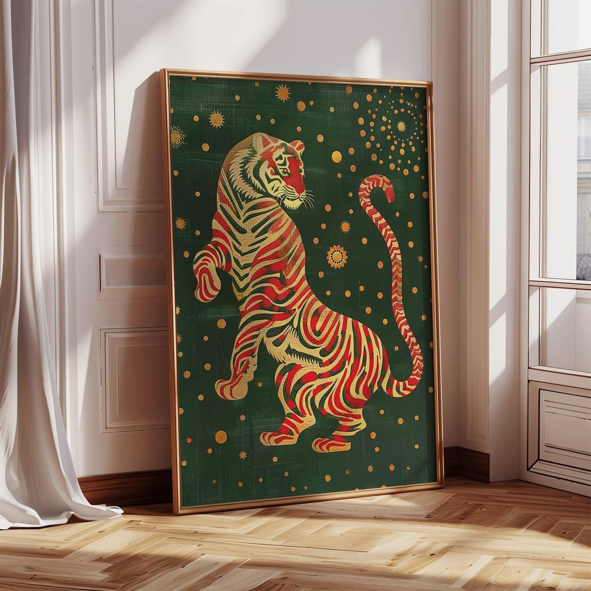 Print leaning on floor of stylised tiger in red and gold on dark green with celestial dots near white curtain