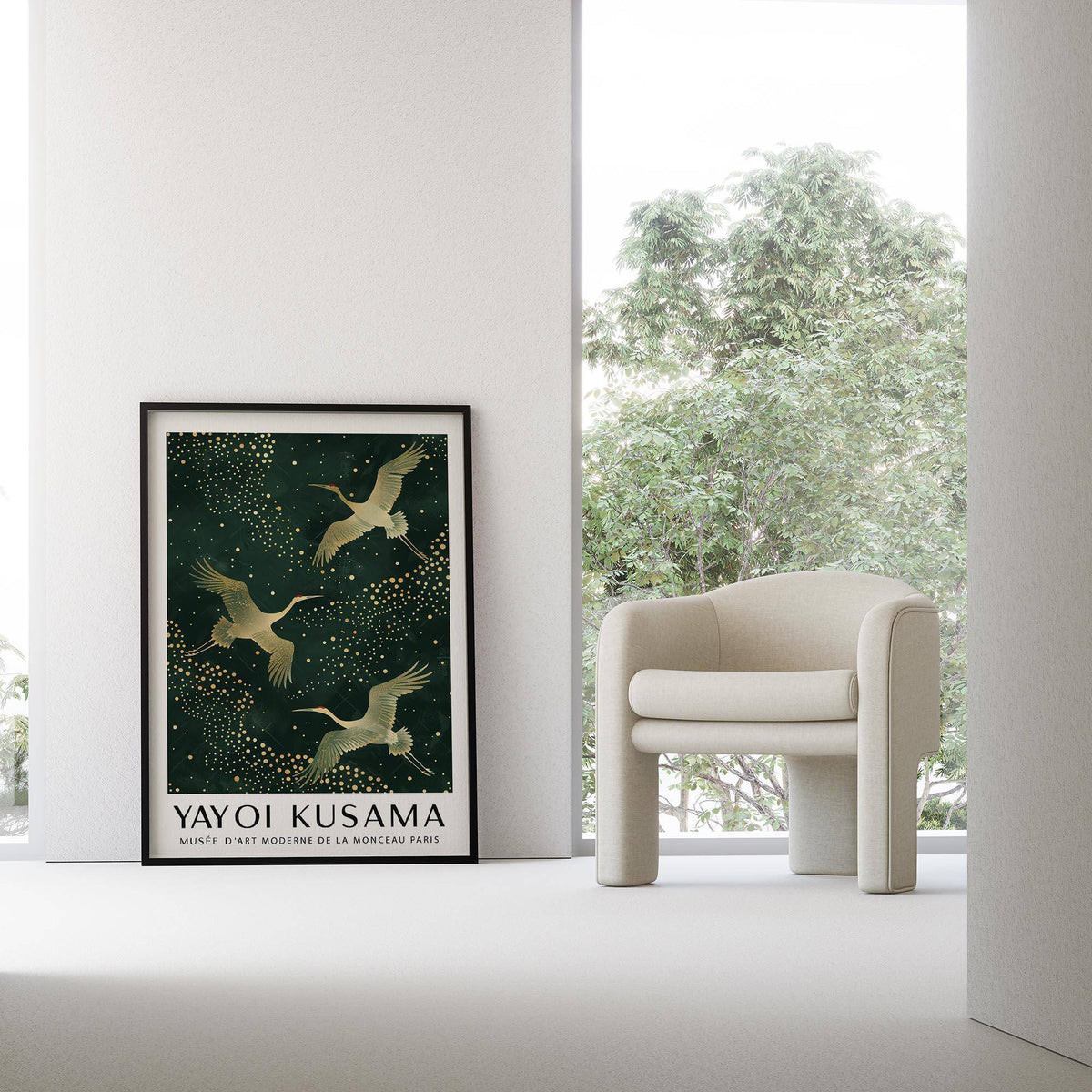 Japanese Crane Print framed print leaning on floor with cream armchair nearby and large window