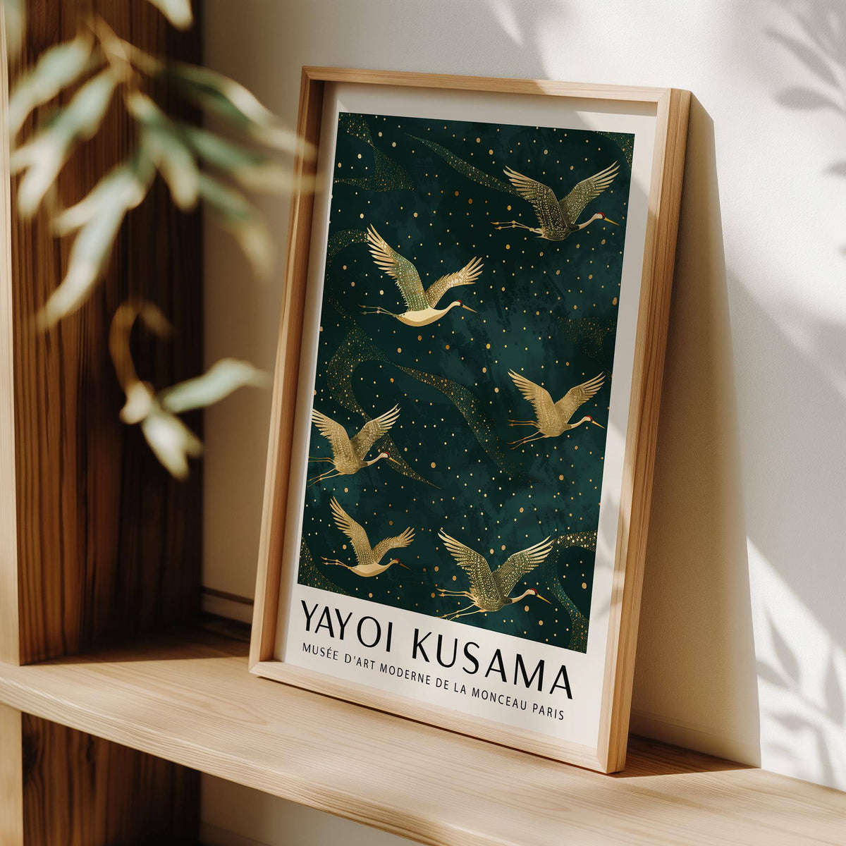 Japanese Crane wall art with golden cranes flying against a dark green starry background leaning on a wooden shelf