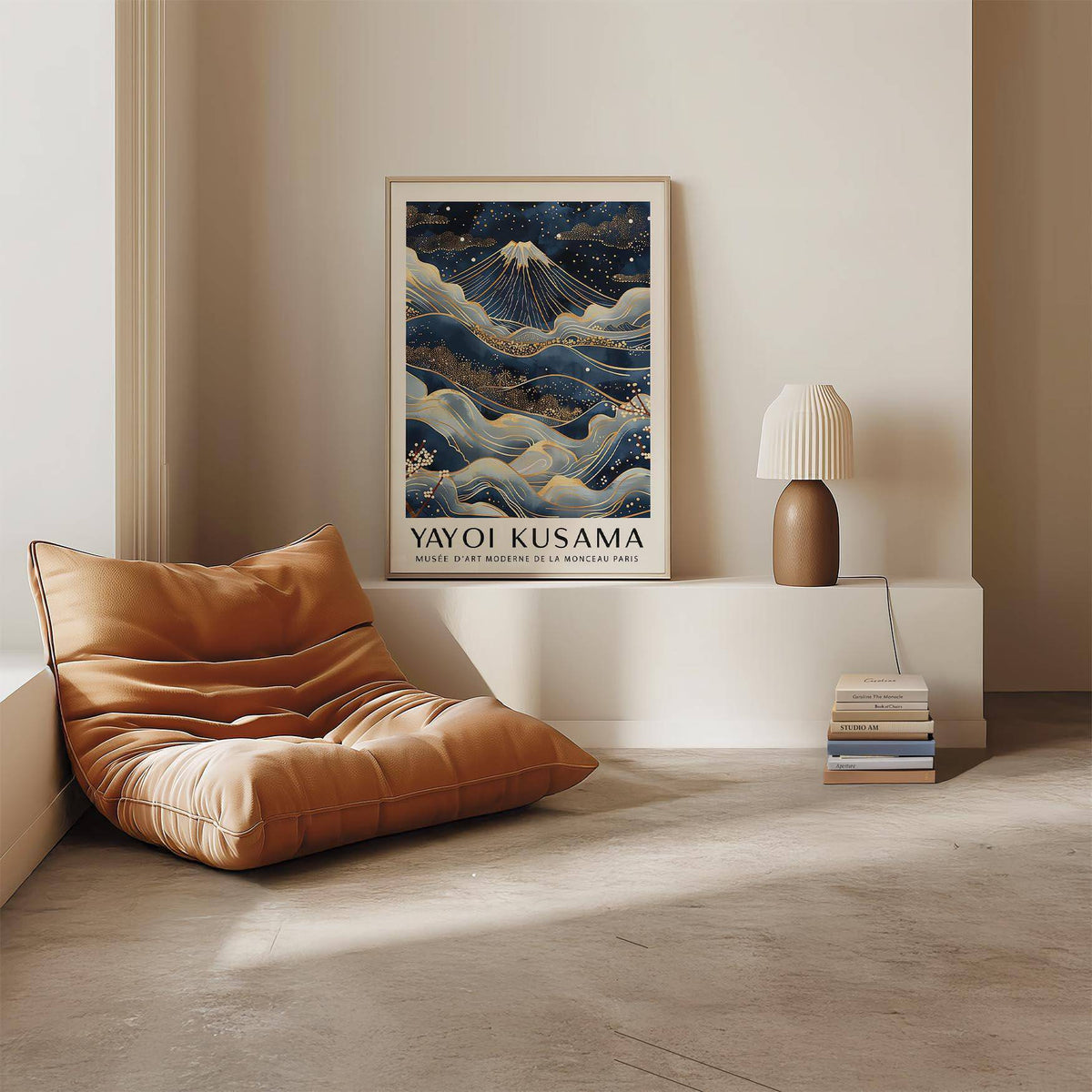 Posters from Japan framed print of Mount Fuji with golden accents in a neutral living space near a brown leather chair