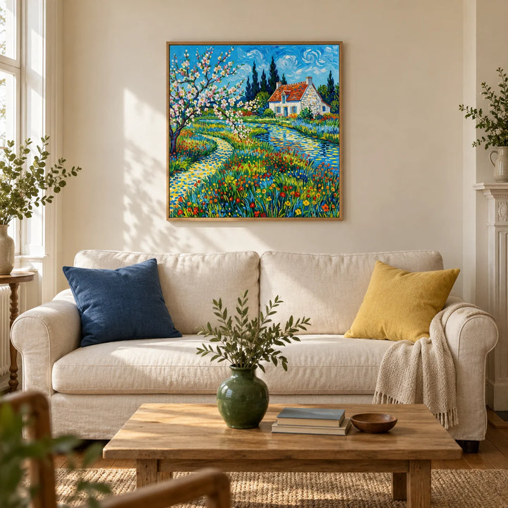 Impressionist Garden Poster, framed on the wall of a bright living room in a Victorian terrace with warm ivory walls
