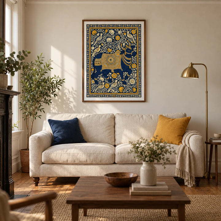 Indian Art Print, framed on the wall of a warm living room in a UK Victorian terrace with cream plaster walls