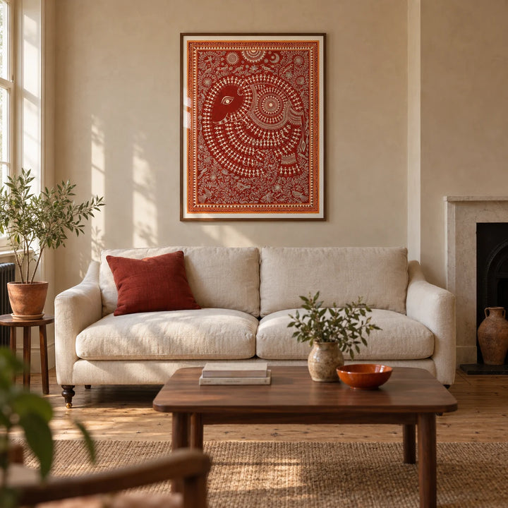 Indian Folk Art Poster, framed on the wall of a warm living room in a UK Victorian terrace with pale clay plaster walls