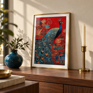 Indian Peacock Art Print, a small A4 framed print leaning on a walnut side table in a hallway