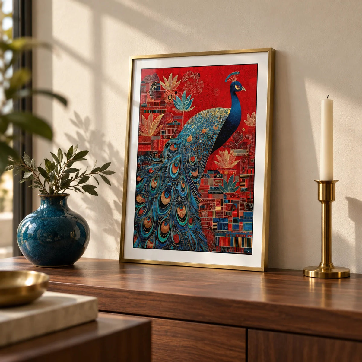 Indian Peacock Art Print, a small A4 framed print leaning on a walnut side table in a hallway