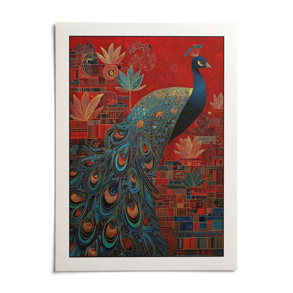 Indian Peacock Art Print, shown as an unframed paper print on a plain white background
