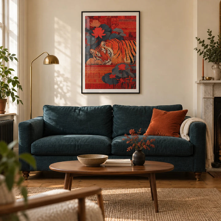 Indian Tiger Wall Art, framed on the wall of a characterful contemporary living room in a UK Victorian terrace with warm cream plaster walls and oak floorboards