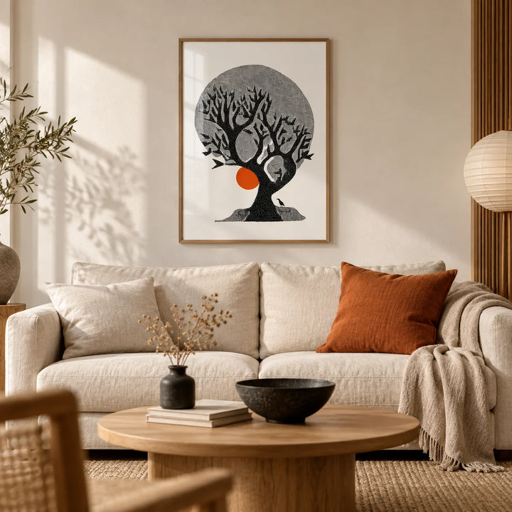 Indian Tree Art Print, framed on the wall of a calm Japandi living room