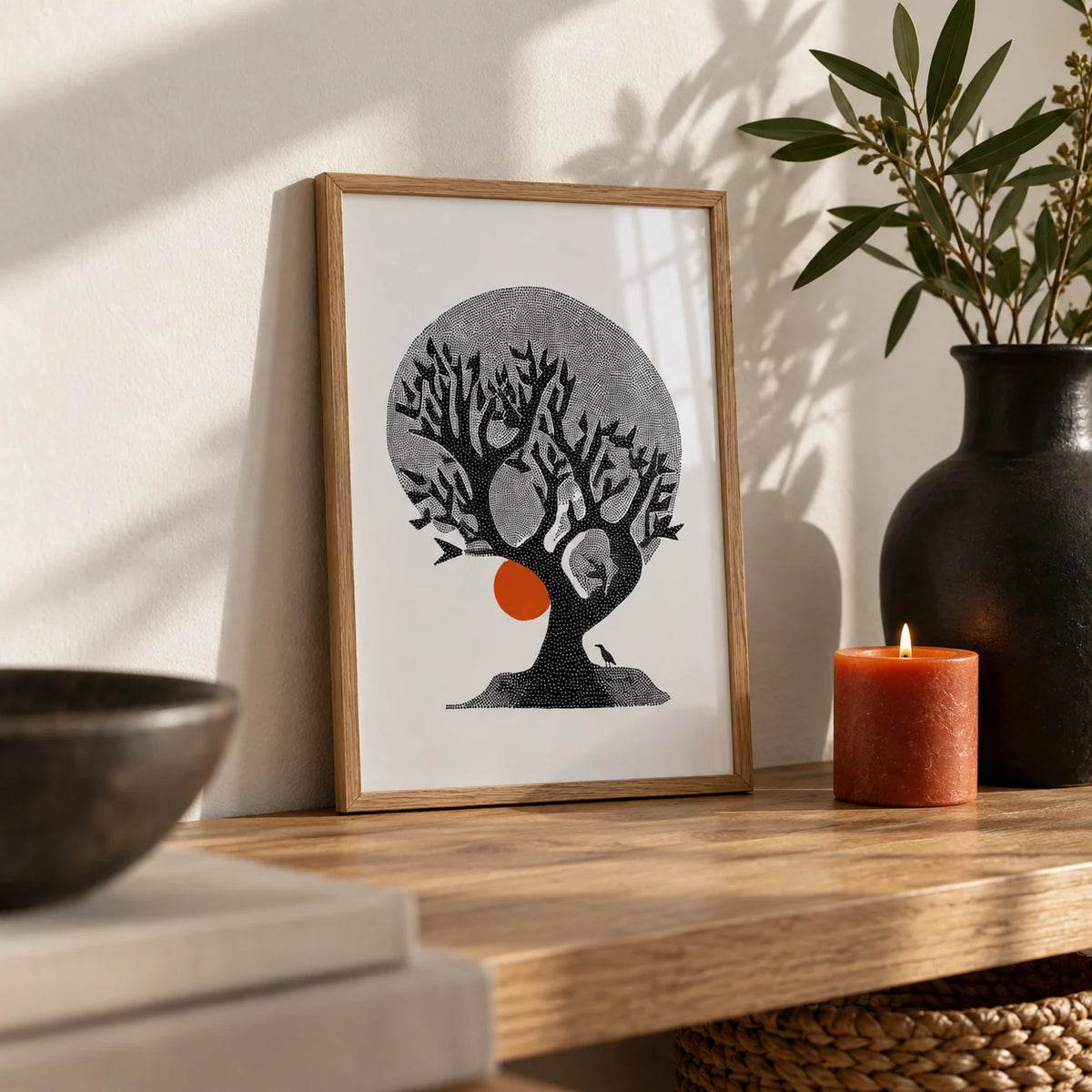 Indian Tree Art Print, a small A4 framed print leaning on an oak shelf in a living room