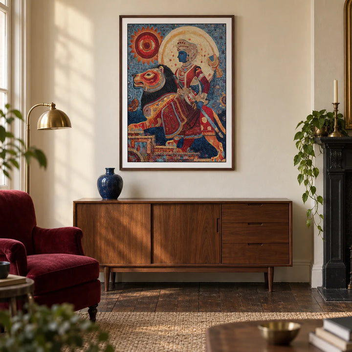 Indian Warrior Wall Art, framed on the wall of a characterful living room in a UK Victorian terrace with warm ivory plaster walls and dark wood floorboards
