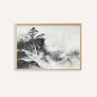 Asian Tiger Art framed print close-up of a tiger on a cliff in black and grey ink