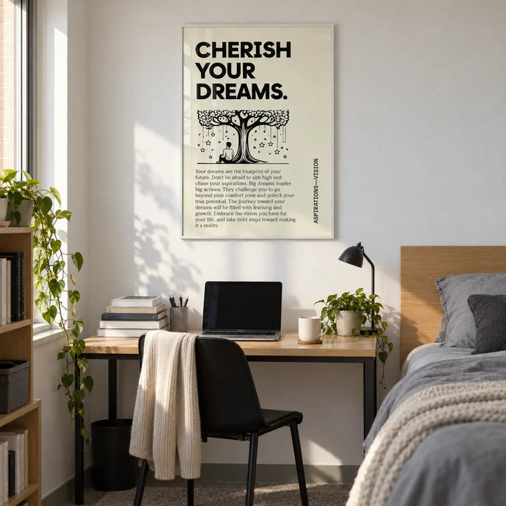 Inspiration Poster for Students, framed on the wall of a tidy uni halls room (18-21) with a white wall in a home office